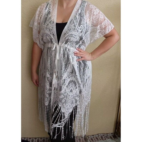 Women’s One Size Lace Swimsuit CoverUp Kimono White New Sheer Mesh Fringed Midi - Picture 3 of 11
